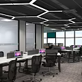 Modern Office Interior With Marble Reception Desk Company Logo Open Layout Hanging Lights And Workspace