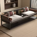 Elegant Luohan Bed With Dark Frame Red Gray Cushions And Tea Table In Living Room