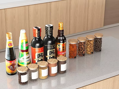 Assorted Glass Spice Bottles with Liquid and Dry Seasonings on Kitchen Countertop 3d model