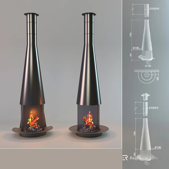 Modern Conical Metallic Stove With Glass Panel Visible Fire And Design Details 3d model 