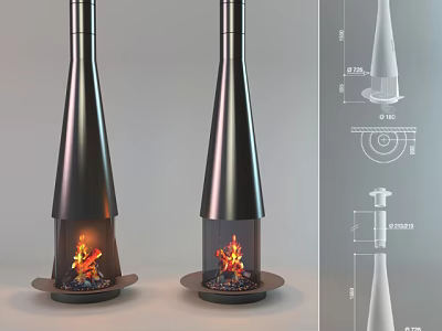 Modern Conical Metallic Stove With Glass Panel Visible Fire And Design Details 3d model