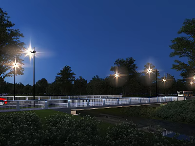 Bridge Night Scene With Street Lights Trees Red Car White Railings And Blue Sky 3d model