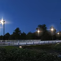 Bridge Night Scene With Street Lights Trees Red Car White Railings And Blue Sky