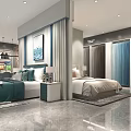 Modern Bedroom Interior With Green Bedding Marble Floor Wall Art And Side Tables