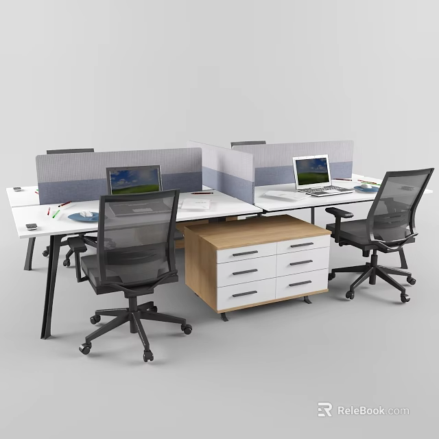 Modern Office Desk Setup With Dividers Open Laptops Ergonomic Chairs And Drawer Cabinet 3d model 