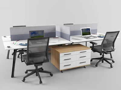 Modern Office Desk Setup With Dividers Open Laptops Ergonomic Chairs And Drawer Cabinet 3d model