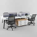 Modern Office Desk Setup With Dividers Open Laptops Ergonomic Chairs And Drawer Cabinet