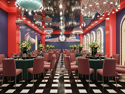 Vibrant Restaurant Interior With Red Walls Black And White Checkered Floor Pink Chairs Green Tablecloths 3d model