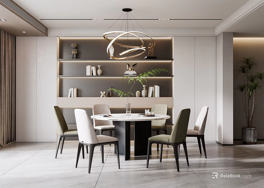 Modern Restaurant Dining Area With Round Table Chairs Decorative Shelves And Chandelier 3d model 