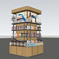 Modern Wooden Retail Display Shelf with Multiple Layers and Various Products