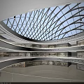 Bright Spacious Modern Shopping Mall Hall With Lattice Glass Dome And Central Glass Elevator