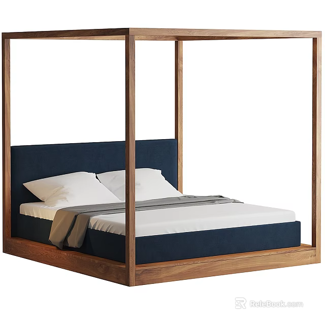 Four Poster Double Bed With Wooden Frame Navy Upholstered Headboard White Pillows And Gray Blanket 3d model 