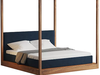 Four Poster Double Bed With Wooden Frame Navy Upholstered Headboard White Pillows And Gray Blanket 3d model