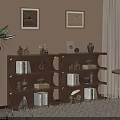 Modern Living Corner With Brown Wall Framed Art Bookshelf Green Plant And Decorative Items