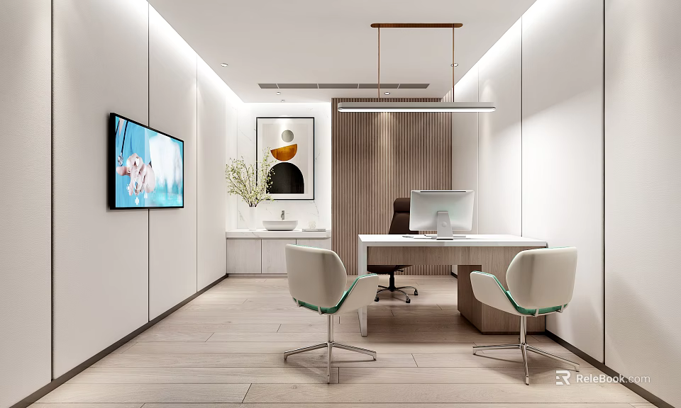 Modern Office Open Layout With TV Artwork Desk Chairs And Green Plants 3d model 