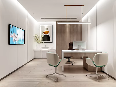 Modern Office Open Layout With TV Artwork Desk Chairs And Green Plants 3d model