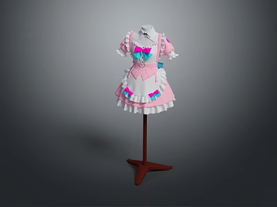 Cute Pink Maid Dress With White Apron Colorful Bows And Lace Trim 3d model