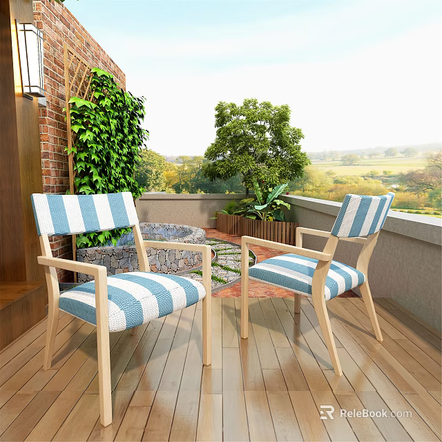 Villa Balcony With Blue And White Striped Chairs Wooden Floor Green Plants And Scenic View 3d model 