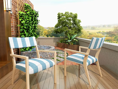 Villa Balcony With Blue And White Striped Chairs Wooden Floor Green Plants And Scenic View 3d model