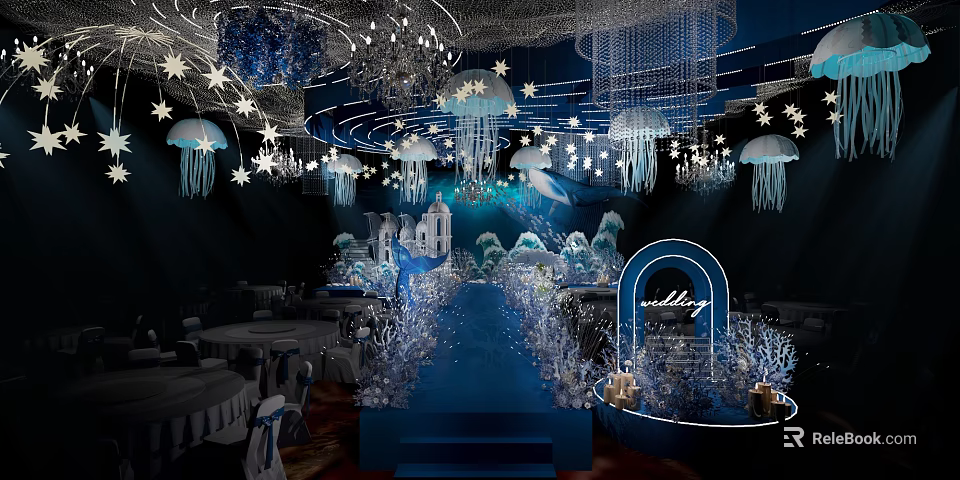 Elegant Blue Banquet Hall With Chandeliers Star Decorations Jellyfish Wedding Arch And White Florals 3d model 