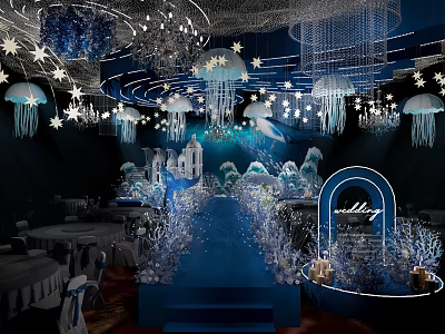 Elegant Blue Banquet Hall With Chandeliers Star Decorations Jellyfish Wedding Arch And White Florals 3d model