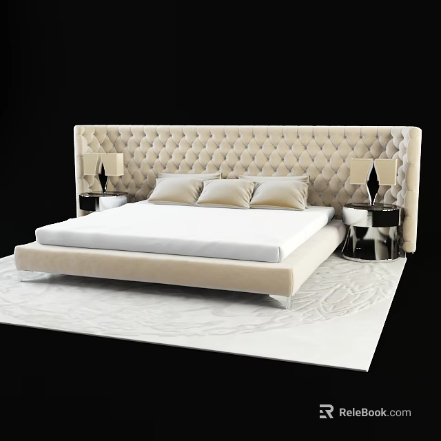 Elegant Modern Double Bed With Tufted Upholstered Headboard Pillows Table Lamps Nightstands And White Rug 3d model 