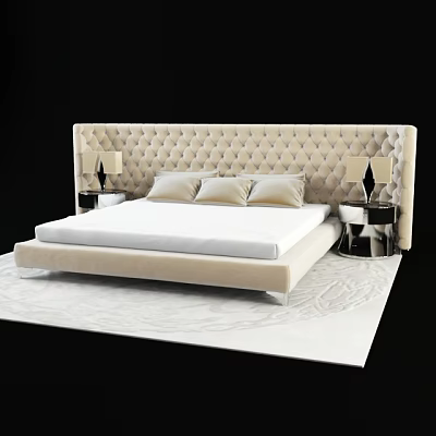 Elegant Modern Double Bed With Tufted Upholstered Headboard Pillows Table Lamps Nightstands And White Rug 3d model