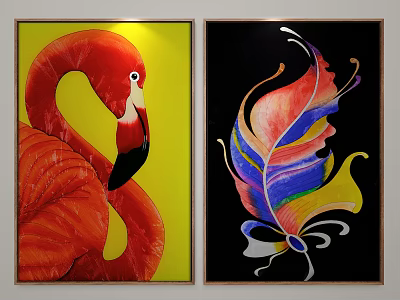 Colorful Wall Art Decor With Red Flamingo And Feather Paintings On Yellow Background 3d model