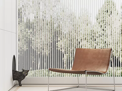 Brown Leather Lounge Chair With Metal Legs White Vertical Blinds And Green Trees 3d model