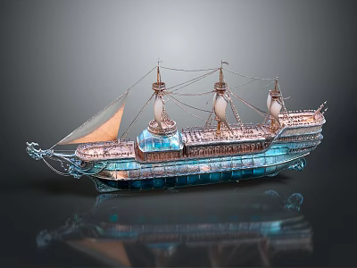 Ancient Sailing Ship With Multiple Masts Intricate Crystal Design Illuminated Sails And Reflective Water Base 3d model