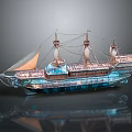 Ancient Sailing Ship With Multiple Masts Intricate Crystal Design Illuminated Sails And Reflective Water Base