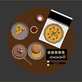 Assorted Foods On Round Table With Pizza Cake Chips Sushi Ketchup And Drink