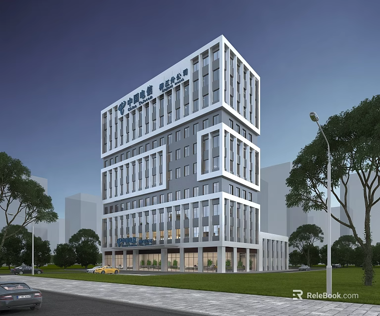 Modern High Rise Urban Office Building Featuring Glass Facade And Tree Surroundings 3d model 