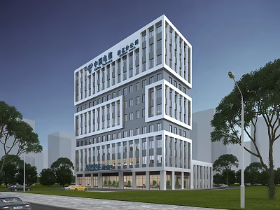 Modern High Rise Urban Office Building Featuring Glass Facade And Tree Surroundings 3d model