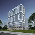 Modern High Rise Urban Office Building Featuring Glass Facade And Tree Surroundings