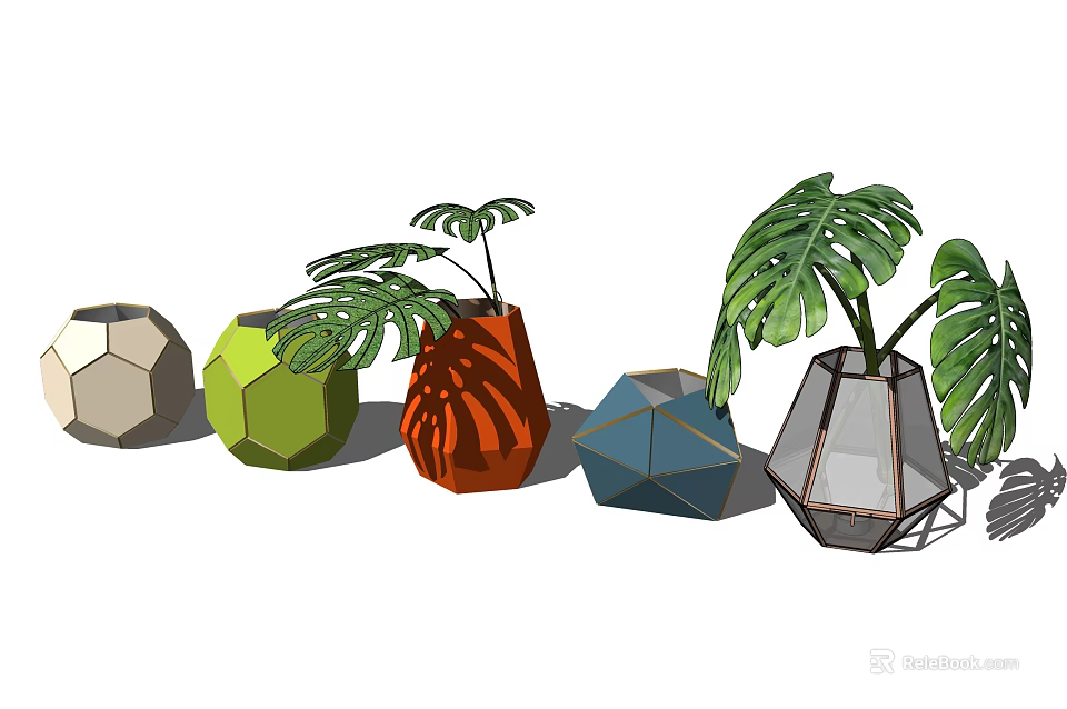 Colorful Geometric Vases With Green Monstera Leaves In Modern Decorative Style 3d model 