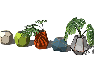 Colorful Geometric Vases With Green Monstera Leaves In Modern Decorative Style 3d model