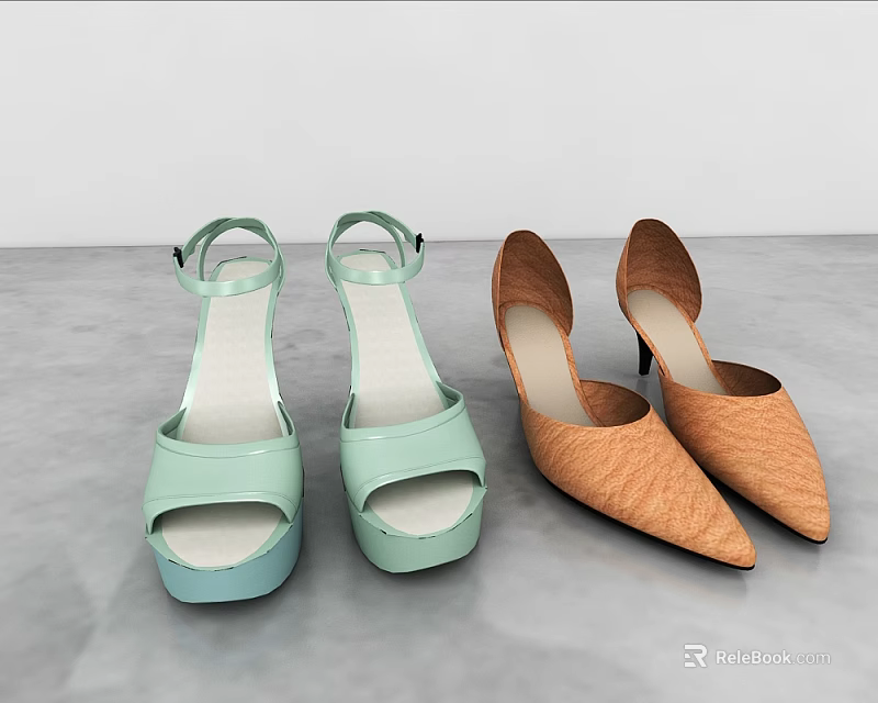 Light Green Open Toe Sandals And Brown Pointed Toe High Heels Shoes 3d model 