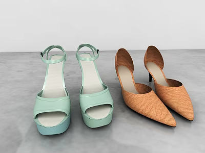 Light Green Open Toe Sandals And Brown Pointed Toe High Heels Shoes 3d model