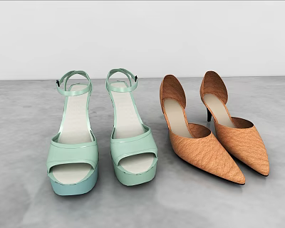 Light Green Open Toe Sandals And Brown Pointed Toe High Heels Shoes 3d model