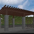 Outdoor Wooden Pergola With White Stone Pillars And Metal Lattice Design