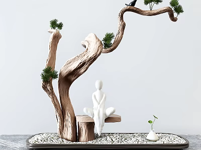 Decorative Ornament Set With Twisted Root Pine Needles Black Bird White Sculpture Pebble Tray 3d model