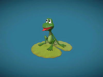 Cute Green Frog Sitting On Lily Pad With Blue Background 3d model
