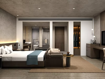 Modern Hotel Room Interior Design With Comfortable Bed Sofa And Area Rug 3d model
