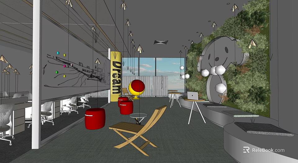 Casual Lounge Space with Red Round Stools Wooden Chair Yellow POCEM Pillar and Green Carpet 3d model 
