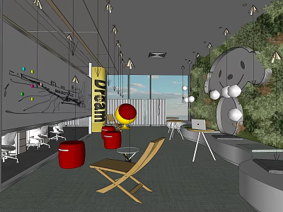 Casual Lounge Space with Red Round Stools Wooden Chair Yellow POCEM Pillar and Green Carpet 3d model