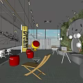 Casual Lounge Space with Red Round Stools Wooden Chair Yellow POCEM Pillar and Green Carpet