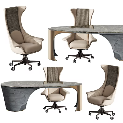 Elegant Modern Office Desk With Marble Top And Stylish Rolling Chairs 3d model