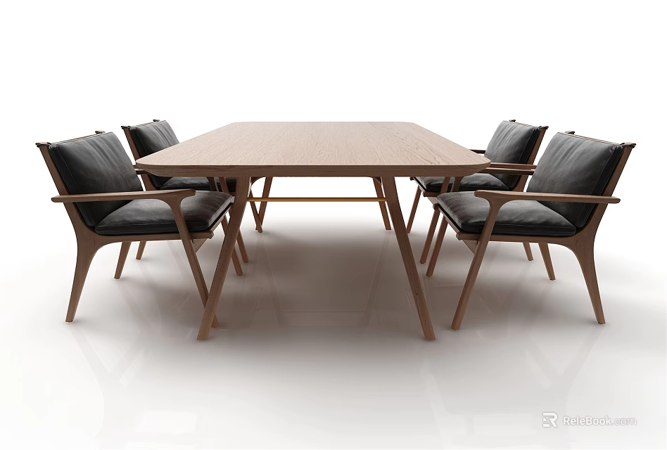 Modern Rectangular Wooden Dining Table Set With Gray Upholstered Chairs And Sturdy Legs 3d model