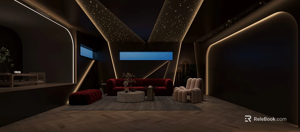 Modern Luxury Home Theater Interior Design With Starry Ceiling Red Sofa And Beige Armchairs 3d model 